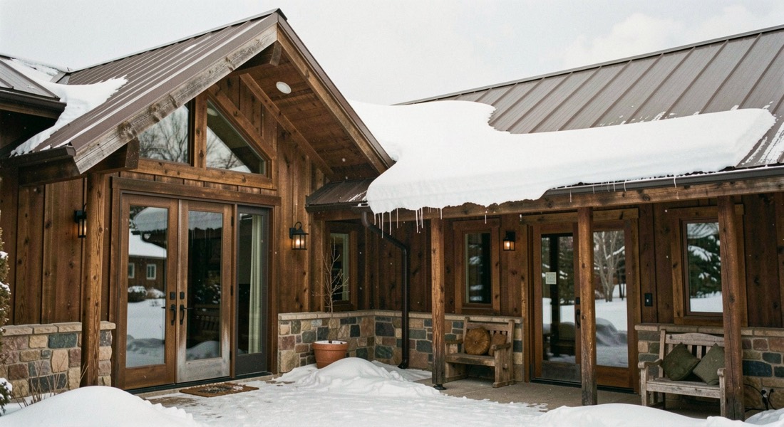 Designing roofs and entries for heavy Colorado snowfall: metal roof, snow-shed zone, covered entry in a Colorado mountain setting