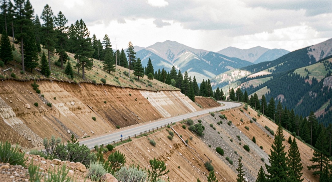 Colorado mountain homesite with an access road crossing a wooded slope