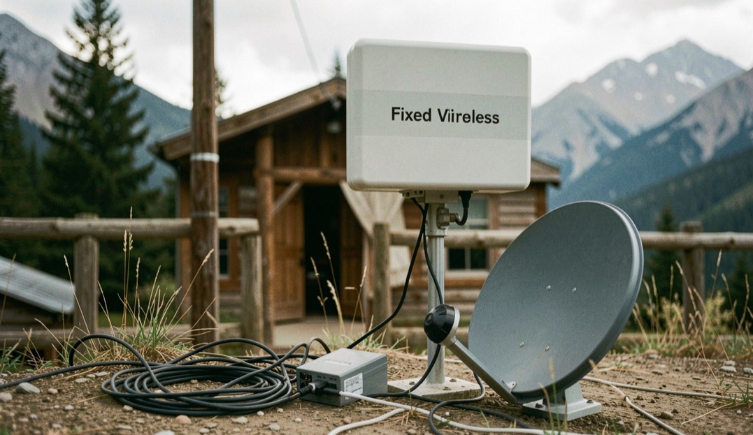 Rural internet options for remote mountain work: fixed wireless, satellite service, cellular equipment in a Colorado mountain setting